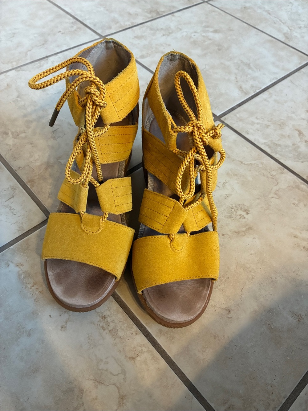 Sorel Mustard Yellow Lace-Up Gladiator Sandals